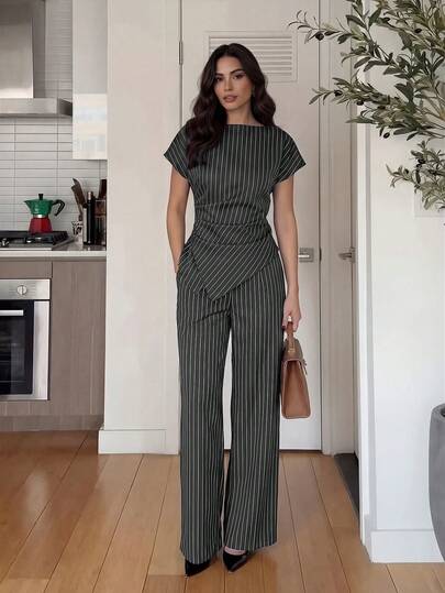 Firerie Women's Grey Plaid Asymmetric Hem Shirt & Wide Leg Pants 2 Pieces Set,Summer Classy Elegent Office Business Attire,Casual Daily Wear Commuting Outfit