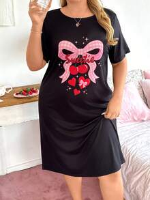Slumberry CURVE Cute INS Contrast Plaid Bow Cherry Heart Print Loose Fit Plus Size Nightgown - Black - View 5