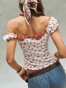 Bohemela Women's Retro Floral Lace Patchwork Batwing Sleeve T-Shirt - Multicolor - View 7