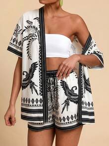 Travachic Conjunto casual de 2 piezas para mujer con camisa de manga corta con botones y estampado de hojas y pájaros, y shorts con cordón en la cintura - Beis - Ver 5