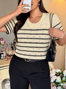 SHEIN Clasi 女士休闲衬衫，适合日常通勤、情人节、街头风等各种场合，百搭商务优雅知性风，圆领条纹修身短袖撞色杏色宽松直筒套头针织衫，大码可选，春夏款 - 杏色 - 查看 3