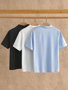 Manfinity VCAY 3件組男士亞麻圓點短袖POLO衫休閒素色短袖POLO衫，男士Johnny領紋理POLO，華夫格針織短袖衫，休閒素色無鈕扣POLO，男士夏季針織套頭衫，男士短袖POLO衫休閒素色紋理華夫格針織Johnny領套頭夏季T恤，老錢風，度假，父親節禮物 - 彩色 - 查看 3