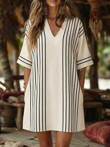 Ceyna New Loose V-Neck Short Sleeve Casual Boho Dress For Plus Size Women, Suitable For Daily Wear, Commute, Fitted Mini Dress, Spring/Summer Vacation Beige - Multicolor - View 1