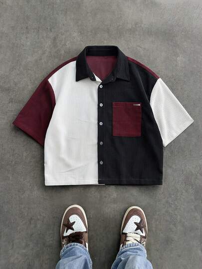 SWAVVY Áo sơ mi ngắn tay phối màu, chất liệu nhung kẻ 100% cotton.
