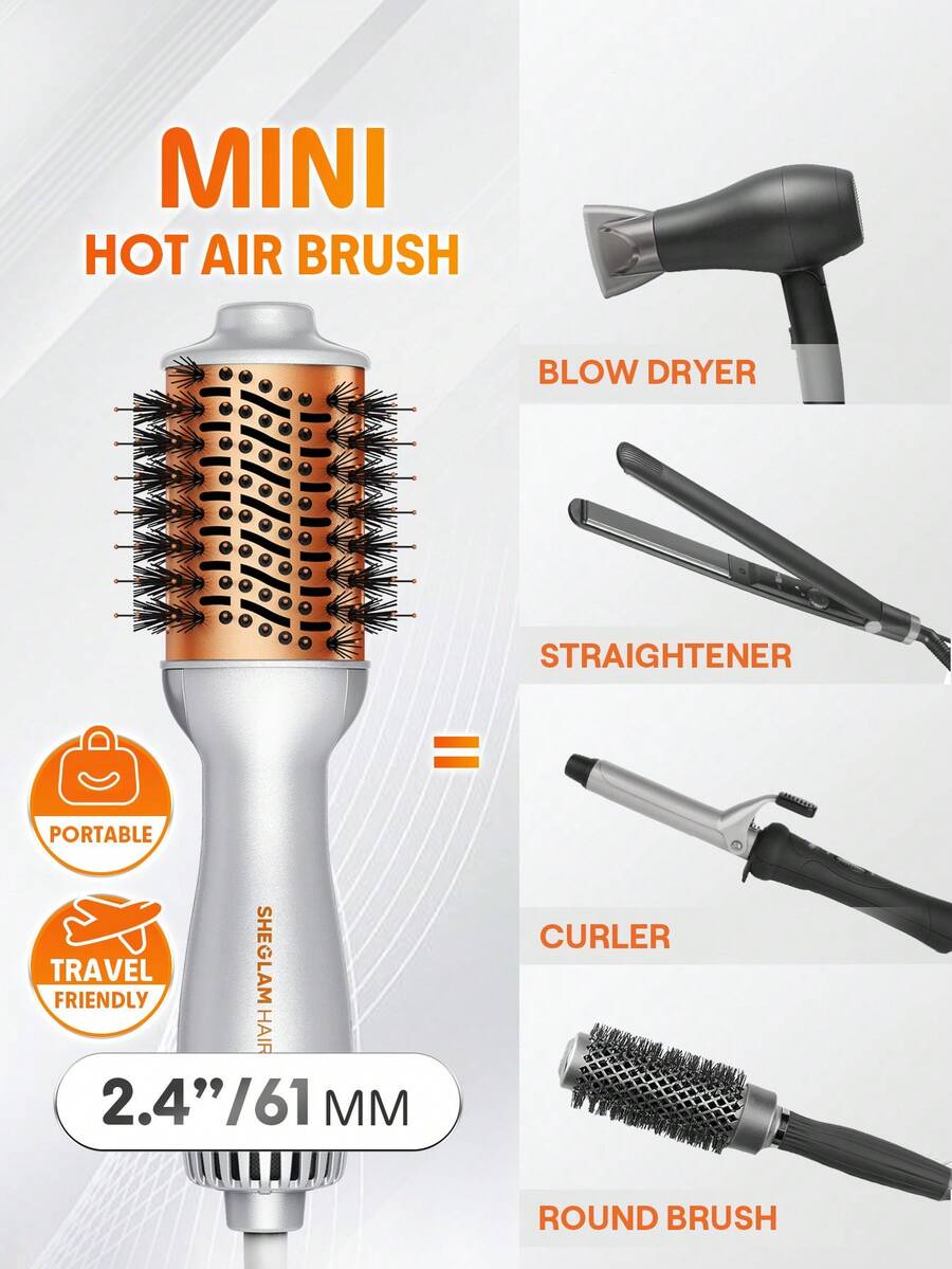 SHEGLAM HAIR Travel Buddy Mini Hot Air Brush,Hair Blow Dryer Brush,Redefine Frizzy Styles,35000RPM Motor Speed & 2 Adjustable Temps,Adds Shine,Volume & Fullness For Smooth,Anti-Frizz Straight,Curl & Blowout Styles-EU Plug Gift Pink Makeup Beach Festivals Hair Care Y2K Vacation Summer Hair Accerssories Back To School Home - Silver - View 1