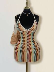 SHEIN PETITE CURVE 大码女式彩色提花针织撞色罗纹饰边露背深V领迷你沙滩裙，波西米亚风格 - 彩色 - 查看 3