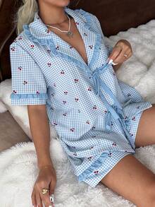 CottageSlumber Cherry Plaid Print Patchwork Solid Color Ruffle Bow Romantic Women Pajama Set - Multicolor - View 6