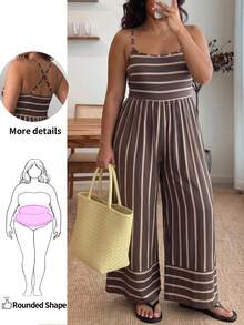Enliva Damen-Jumpsuit in großen Größen mit Trägern, braun gestreift, rötlich-braun, französischer Retro-Stil, quadratischer Ausschnitt, elegant, Boho, für Sommerurlaub, Feiertage und formelle Anlässe - Braun - Übersicht 1