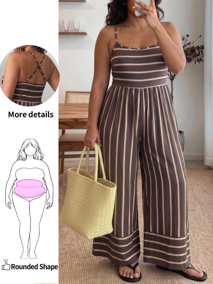 Enliva Damen-Jumpsuit in großen Größen mit Trägern, braun gestreift, rötlich-braun, französischer Retro-Stil, quadratischer Ausschnitt, elegant, Boho, für Sommerurlaub, Feiertage und formelle Anlässe - Braun - Übersicht 1