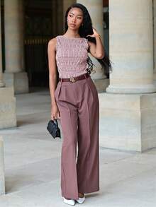Mima John Maillard Wide Leg Elegant Modern High-Waisted Suit Pants, Vacation New Years - Rust Brown - View 6