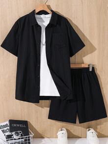 SHEIN Conjunto de 2 peças Camisa de Manga Curta Texturizada Versátil e Shorts para Meninos Adolescentes, Conjunto de 2 Peças Meninos Preto Shorts Adequado para Primavera/Verão, Uso Diário, Esportes, Passeios, Escola, Festas, Festivais, Sessões de Fotos - Preto - Visão 3