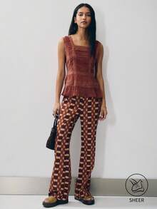Nöista Sleeveless Top In Rust Brown With A Flattering Square Neckline And Ruffled Shoulder Straps.Smked Bodice Peplum Hem.Perfect For Dinners, Events, Chic - Brown - View 1