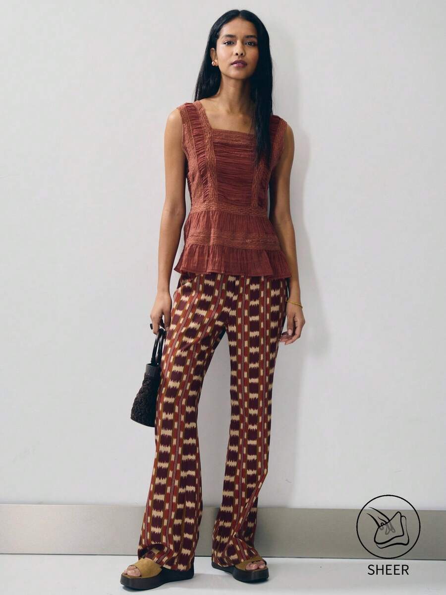 Nöista Sleeveless Top In Rust Brown With A Flattering Square Neckline And Ruffled Shoulder Straps.Smked Bodice Peplum Hem.Perfect For Dinners, Events, Chic - Brown - View 1