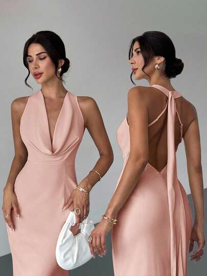 Firerie Đầm maxi cổ yếm hở lưng, cổ sâu xếp nếp, màu hồng phấn thanh lịch, có thắt lưng và đuôi cá, phù hợp mặc hàng ngày, đi du lịch, hẹn hò, tiệc tùng, lễ tốt nghiệp, tựu trường, trà chiều