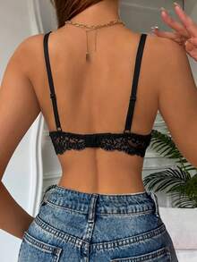 DesireSculpt 1pc Thick Cup Comfortable Lace Underwire Bra, Elegant Lift & Support For Small Bust Women - Black - View 2