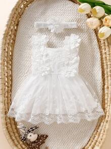 2 piezas Conjunto de vestido elegante para bebé niña recién nacida | Encaje blanco + Falda de tul con decoración floral 3D, estilo dulce y delicado adecuado para fiesta, sesión de fotos, ocasiones festivas, suave y cómodo, artículo de regalo encantador - Blanco - Ver 3