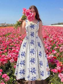 SHEIN MOD 大码女式休闲无袖印花连衣裙 - 藍白色 - 查看 7