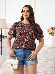 Reflora Plus Size Women Floral Print Round Neck Ruffle Sleeve Casual Shirt - Multicolor - View 6