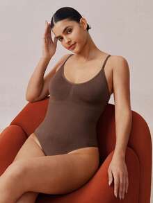 Veilyse 1pc Women Seamless Shapewear Bodysuit, Thong Bottom, Slimming Shaping Bodysuit, Tummy Control Bodysuit, Shapewear, Waist Trainerfor Summer - Brown - View 4