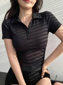 DAZY Kaos Polo Hitam Wanita, Kaos Lengan Pendek Kasual Slim Fit, Cocok untuk Sehari-hari di Musim Panas dan Musim Semi - Hitam - View 2