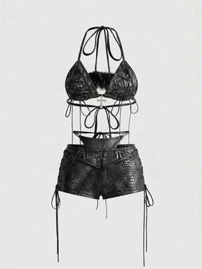 Hippie Set bikini a due pezzi in pizzo e pelliccia stile Y2K sexy per donne