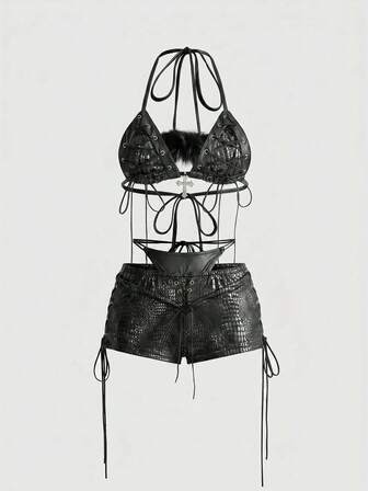 Hippie Y2K sexy Bikini-Set mit Schnürung und Fellbesatz für Frauen