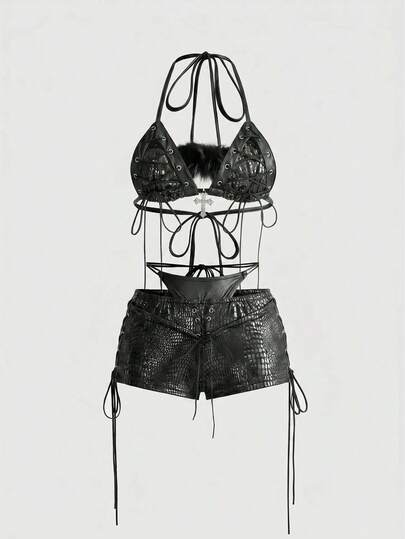 Hippie Set bikini a due pezzi in pizzo e pelliccia stile Y2K sexy per donne