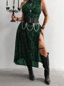 Whyspr Dark Asymmetrical Pattern Dress With High Slit And Sheer Details - Dark Green - View 8