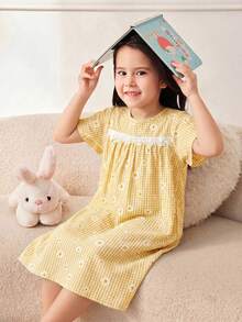 SHEIN Váy mùa hè dệt họa tiết hoa viền ren phong cách thường ngày cho bé gái - Màu vàng - Xem 5