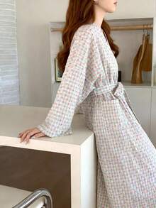 女士格子长袖睡袍，心形印花，优雅宽松家居服睡衣，柔软舒适休闲家居服，适合春秋季穿着，可爱返校睡衣，中长款 - 彩色 - 查看 7