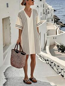 Ceyna New Loose V-Neck Short Sleeve Casual Boho Dress For Plus Size Women, Suitable For Daily Wear, Commute, Fitted Mini Dress, Spring/Summer Vacation Beige - Multicolor - View 5