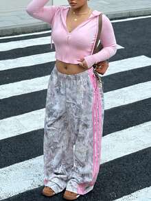 Muchica 大码弹力腰休闲直筒宽松条纹不对称印花裤 - 彩色 - 查看 4