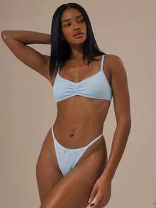 MUSERA Sous-vêtements de base essentiels pour le quotidien, lingerie de détente confortable en hiver. Slip G-string avec détail nœud et bordure picot - Bleu ciel - Voir 2