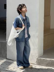 DAZY Boys' Denim Collared Short Sleeve Jacket + Straight Leg Pants Casual Suit (Plus Size) - Medium Wash - View 4