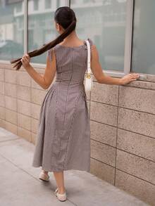 Andrea Bello Casual Plaid Cinched Waist Ruched Fitted Dress Elegant Summer - Coffee - View 2