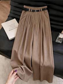 SHEIN Franclia Pantalones anchos casuales y sueltos con bolsillos para mujeres, con decoración de cinturón en la cintura, diseñados para mujeres, adecuados para negocios, oficina, uniforme de maestro, uso casual versátil de moda, pantalones anchos para ir y venir, aptos para primavera, verano y otoño - Marrón - Ver 2