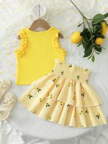 Souflis Souflis Young Girls 2pcs Lemon Print Outfit Set, Ruffled Collar Sleeveless Top + Layered Lemon Print Skirt, Bright Color, Sweet Casual Suit For Daily Wear, Party, Vacation, Ideal Summer Outfit - Yellow - View 2