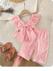 2 Pieces Baby Girl Summer Casual Color-Blocked Ruffled Shirt And Trousers Set - Baby Pink - View 5