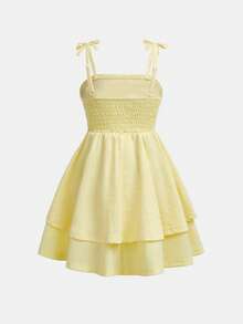 SHEIN Đầm chữ A xếp lớp bằng vải lưới, màu vàng nhạt, dễ thương, thanh lịch, có dây đeo mảnh và nơ ở eo, thích hợp cho bé gái tuổi teen/thiếu niên đi chơi, dự tiệc, mùa xuân/hè, kỳ nghỉ và các dịp lễ. - Màu vàng - Xem 6