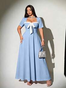 Viva Relle Plus Size Square Neck Twist Color Block Elegant Short Sleeve Dress - Baby Blue - View 6