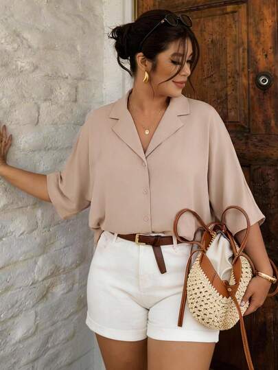Lounesse Women's Plus Size Apricot Daily Commute Plus Size Half Sleeve Fashion Plus Size Shirt Apricot Plus Size Shirt Commute Versatile Shirt Vacation Shirt