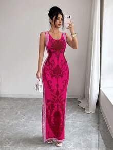 SHEIN Elenzya Exquisite Printed Chinoiserie Waist-Cinching Slit Luxurious Retro Middle Eastern UAE Style Robe, Tight Fit, Multi-Color, Sleeveless - Hot Pink - View 7