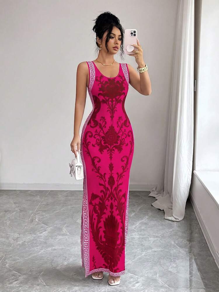 SHEIN Elenzya 精致印花中国风束腰开衩奢华复古中东阿联酋风格长袍，紧身款，多色可选，无袖 - 玫紅色 - 查看 7