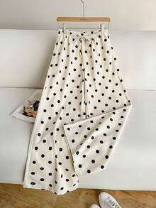 SHEIN Drawstring Waist Polka Dot Wide Leg Jeans - Multicolor - View 4