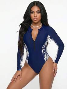 Slaydiva Slayr Women's Zipper Front One-Piece Swimsuit, Navy And White Floral Tropical Print Surfing Suit, Cute Active Summer Beach Vacation Pool Party Club - Navy Blue - View 9