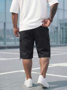 Manfinity Homme 大码男士休闲时尚街头风日常通勤纯色翻盖口袋工装短裤，夏季男士休闲短裤街头风男士短裤男士抽绳短裤 - 黑色 - 查看 2