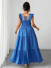 Elenzga Vestido largo de línea A con cuello cuadrado y mangas con volantes, de unicolor y elegante, para mujer de talla grande. Cinturón elástico en la cintura, ajuste ceñido, elegante y apropiado para uso diario, cenas y citas, primavera/verano - Azul - Ver 2