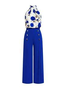 Ellevyn Women's Floral Print Sleeveless Casual Top And Pants 2 Pieces Set, Summer - Royal Blue - View 7