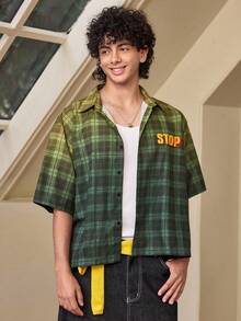 Whitmere Men's Streetwear Plaid Shirt, Gradient Letter Slogan Print Short Sleeve Button Up Casual Shirts, Cropped Boxy Oversized Top For Weekend Date Beach Party Seaside Vacation Couple Matching Gift For Boyfriend Son Mother's Day - Green - View 2