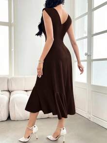 Modelyn Women's Solid Color Ruffle Hem Sleeveless Elegant Dress, Spring/Summer - Coffee Brown - View 2